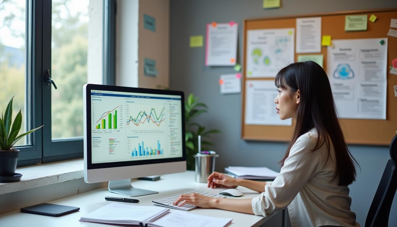 A focused Asian woman working at a desk in a modern office, analyzing digital marketing analytics displayed on a desktop computer. The monitor shows various charts and graphs, illustrating SEO performance and KPIs.