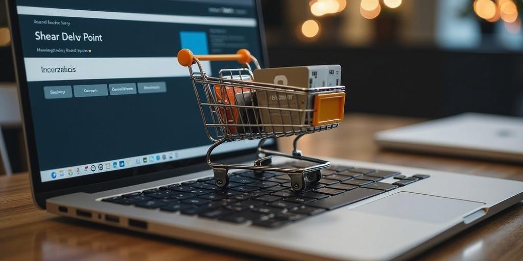 A miniature shopping cart filled with credit cards positioned on a laptop keyboard, showcasing an online shopping interface.