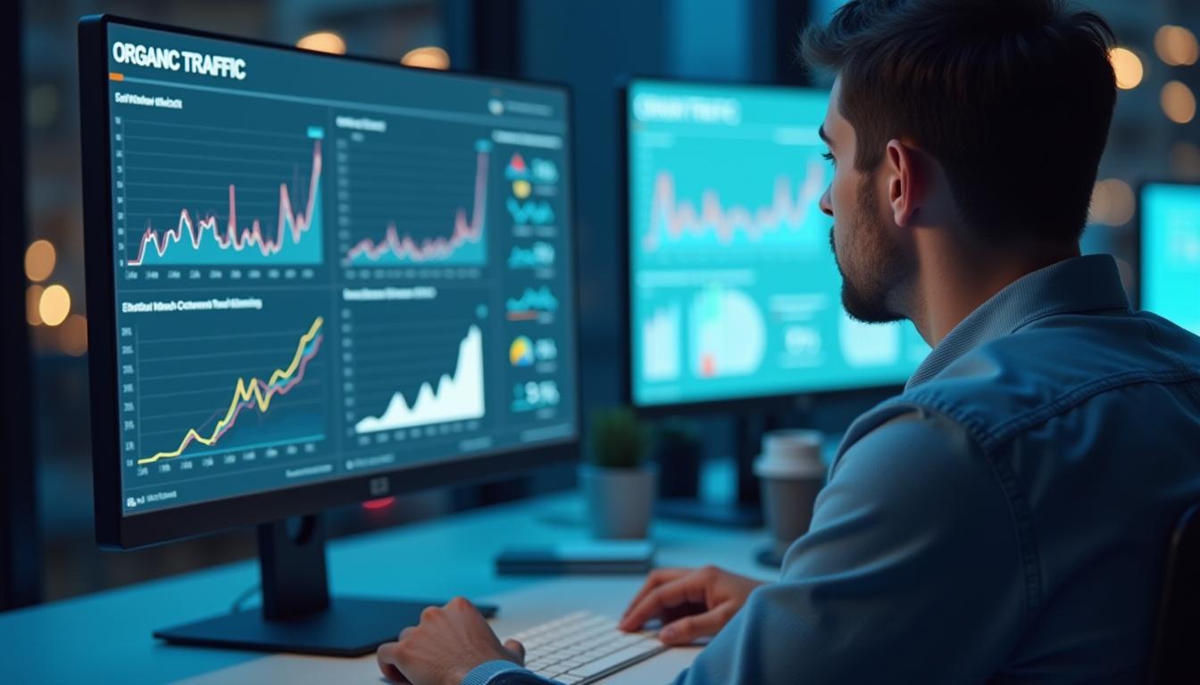 Male digital marketer analyzing SEO performance on multiple computer screens in a modern office at night. The screens display graphs and charts showing organic traffic trends, user behavior, and other key SEO metrics