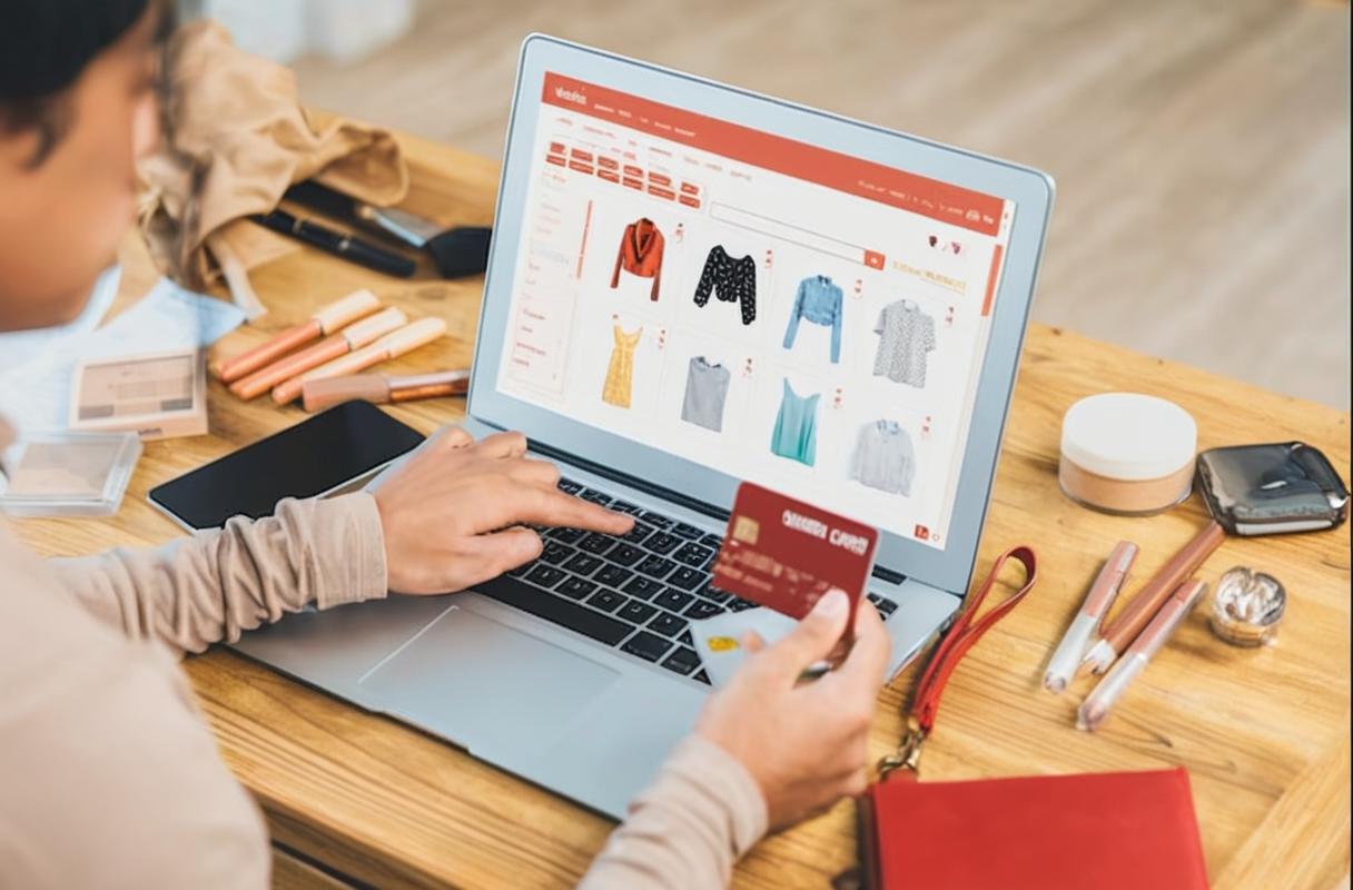 A person shopping online with a laptop, holding a credit card while browsing clothing items on an e-commerce website.