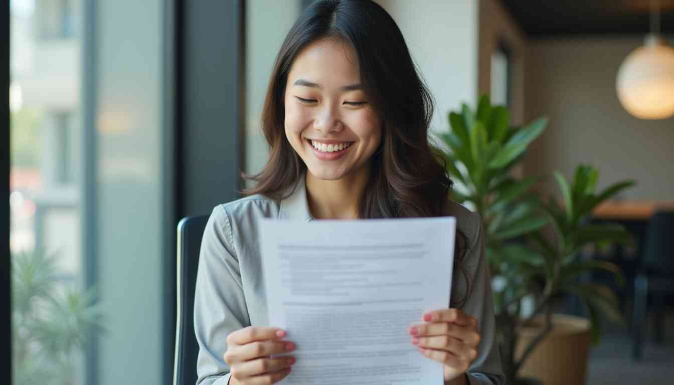 A young Filipino woman smiling confidently while reviewing a resume during a job interview.
