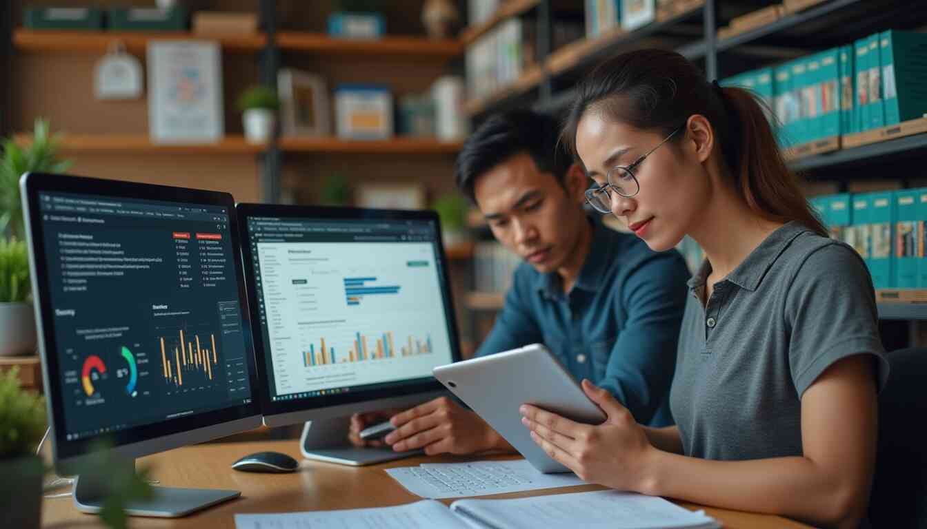 A woman analyzing data on a tablet while a man observes charts on dual monitors in a collaborative workspace