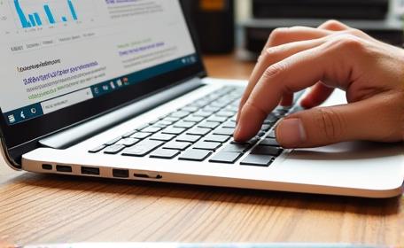 Close-up of a hand typing on a laptop keyboard with SEO analytics displayed on the screen