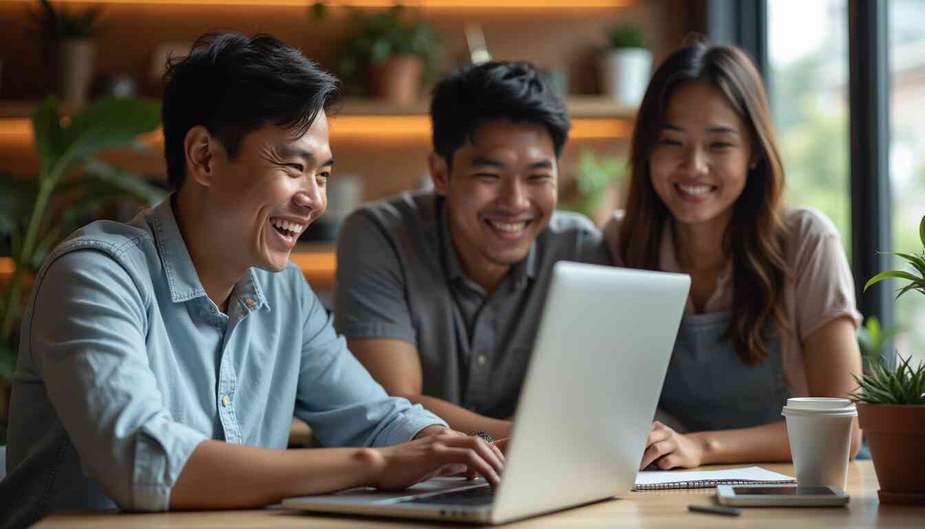 Three team members smiling and working together on a laptop at Eunika Agency, surrounded by plants and a warm atmosphere