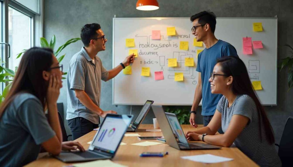 A diverse group of team members discussing ideas and strategies around a table in a bright office setting.