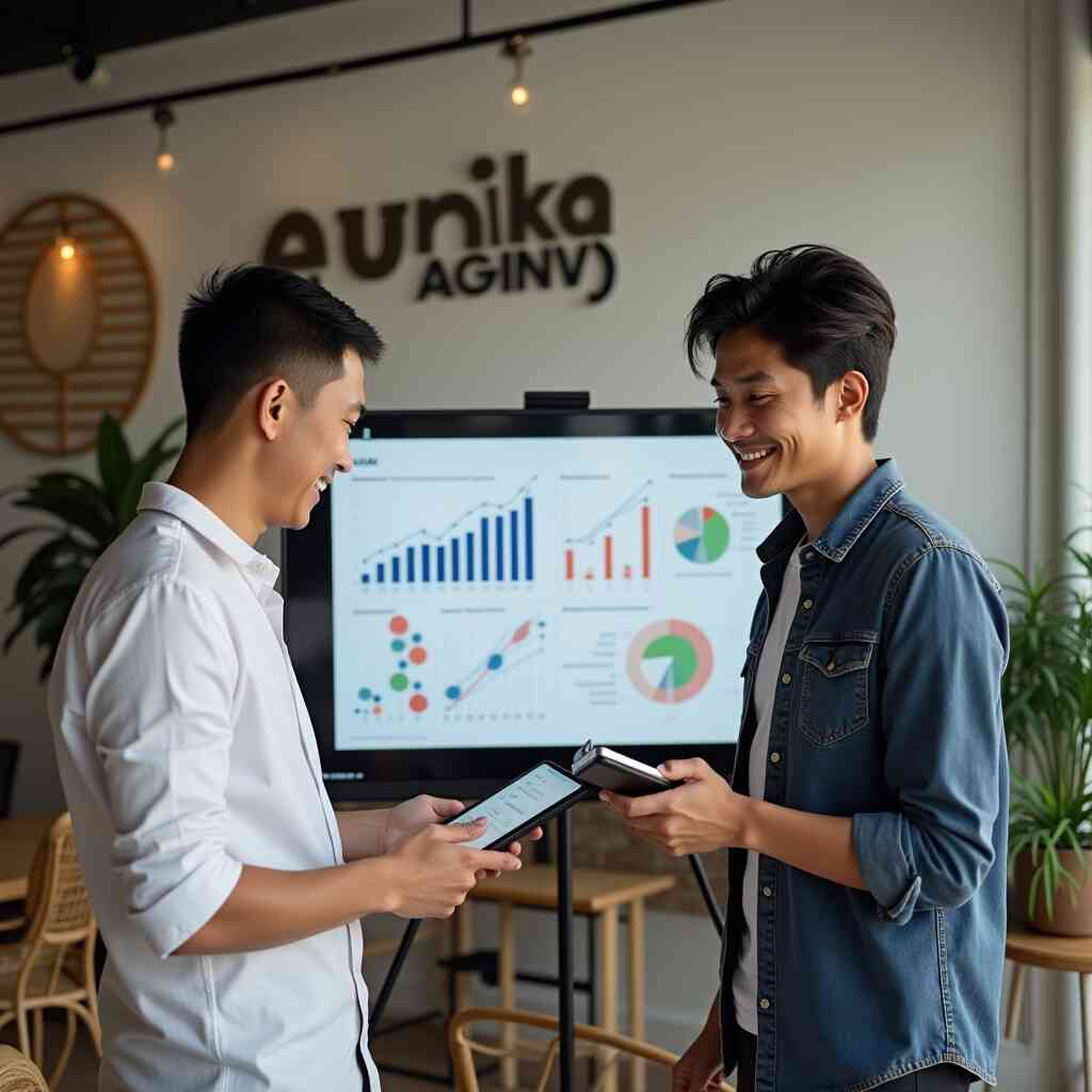 A diverse team of professionals engaged in a strategy session, discussing plans and insights with laptops and digital devices in a contemporary workspace