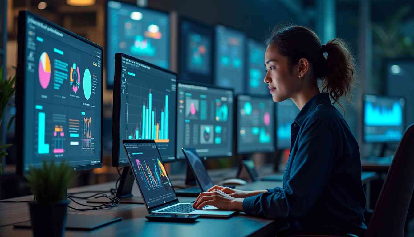 A solo woman analyzing data on her laptop, with charts and graphs displayed on the screen in a bright office setting