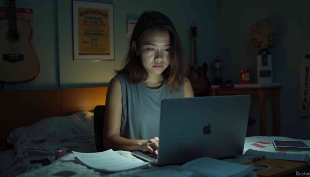 Young Filipino woman studying late at night on her laptop, preparing for job applications.