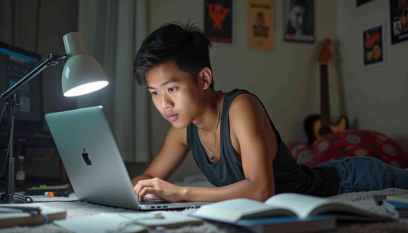 A serious college student working on a laptop at home, preparing for job applications.