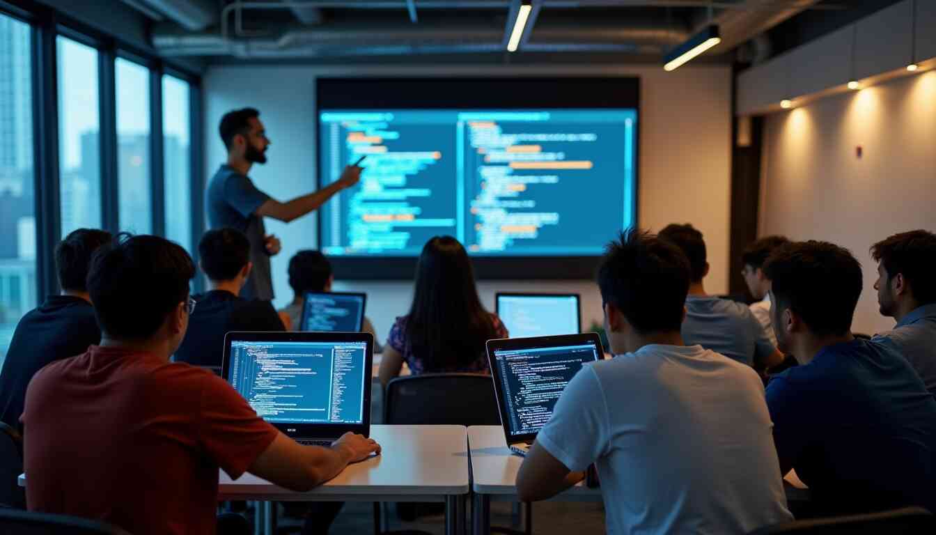 Job applicants in a computer lab learning to code and develop essential job skills, with a large screen displaying code at the front