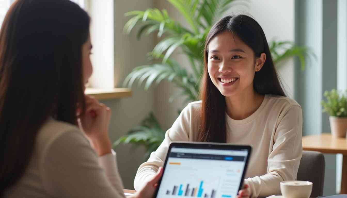 Two women engaged in a job interview discussion over a laptop in a modern office setting, showcasing teamwork and professional communication.