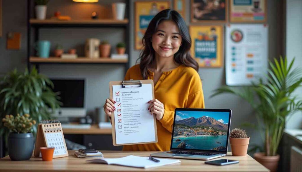 A Filipino businesswoman in a yellow blouse holding a clipboard with a checklist, standing in her modern office with a laptop, calendar, and plants. The background includes posters, indicating a digital or web development agency