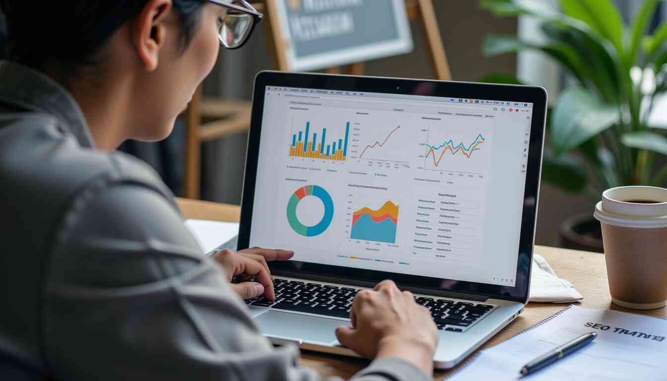 A dedicated professional at Eunika Agency Digital Marketing, a solo woman is deeply immersed in analyzing critical data on her laptop, shaping innovative strategies in a modern office environment