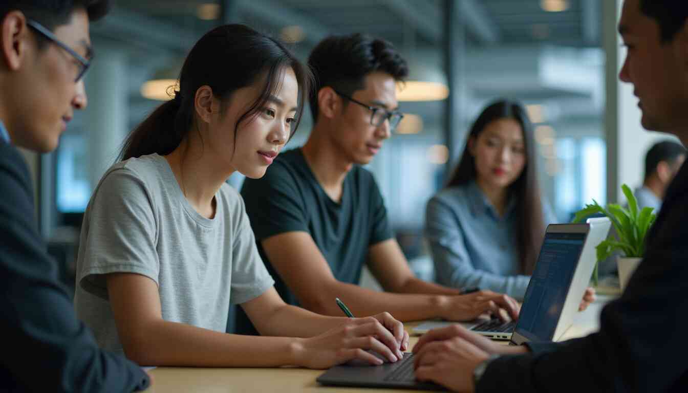 A group of professionals collaborating on job application strategies during a teamwork session