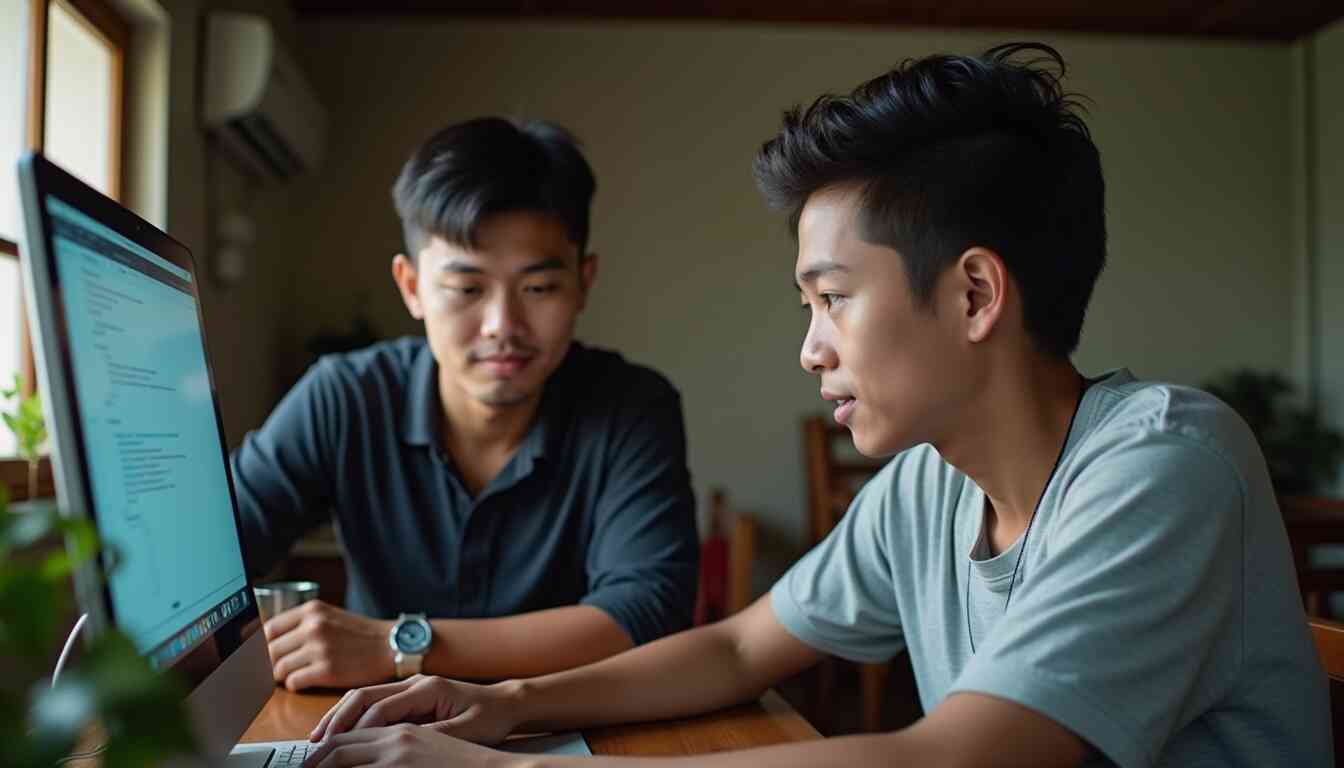 Two colleagues working together on a job application at a computer