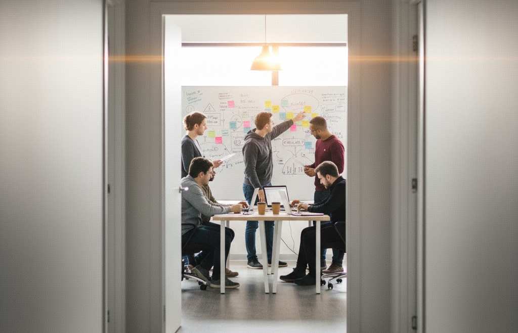 Team collaborating on a project inside an office viewed through a slightly open hallway door with sticky notes and whiteboard brainstorming.