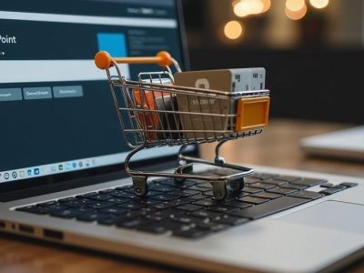 A miniature shopping cart filled with credit cards positioned on a laptop keyboard, showcasing an online shopping interface.