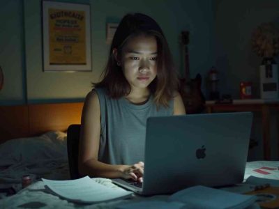 Young Filipino woman studying late at night on her laptop, preparing for job applications.