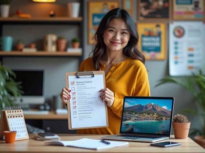 A Filipino businesswoman in a yellow blouse holding a clipboard with a checklist, standing in her modern office with a laptop, calendar, and plants. The background includes posters, indicating a digital or web development agency