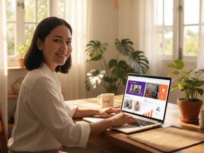 Filipino online seller managing Lazada, Shopee, and a personal e-commerce website on a laptop